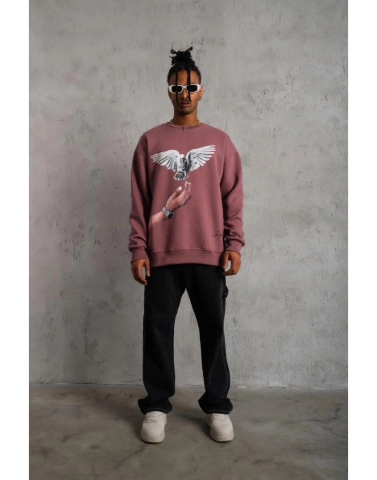 Güvercin Baskılı Sweatshirt - Gül Kurusu