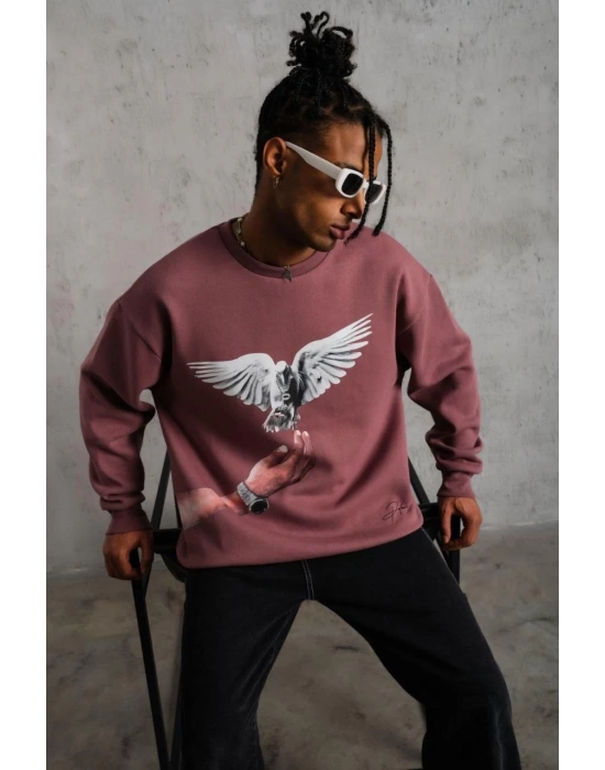Güvercin Baskılı Sweatshirt - Gül Kurusu