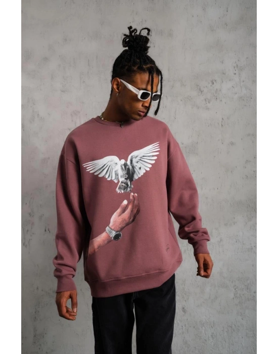 Güvercin Baskılı Sweatshirt - Gül Kurusu