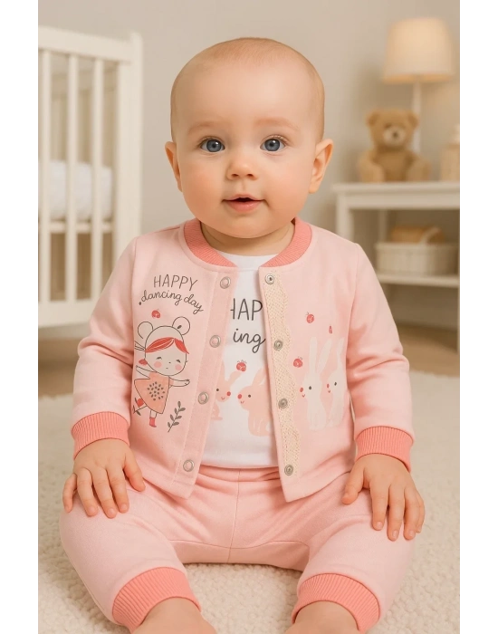 Happy Dancing Desenli 3lü Hırkalı Kız Bebek Takım