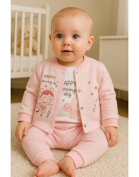 Happy Dancing Desenli 3lü Hırkalı Kız Bebek Takım