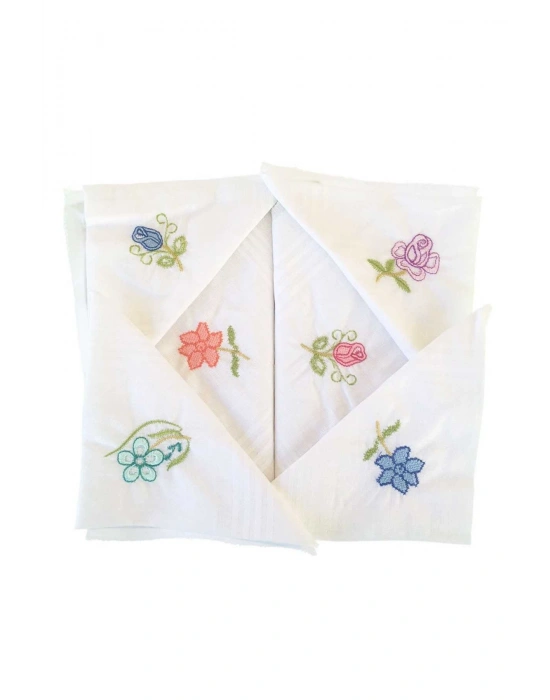 Hediyelik İşlemeli Bayan Mendili 6 lı Paket 28x28 cm 100 Pamuk