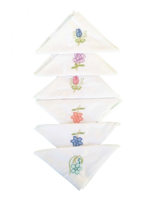 Hediyelik İşlemeli Bayan Mendili 6 lı Paket 28x28 cm 100 Pamuk