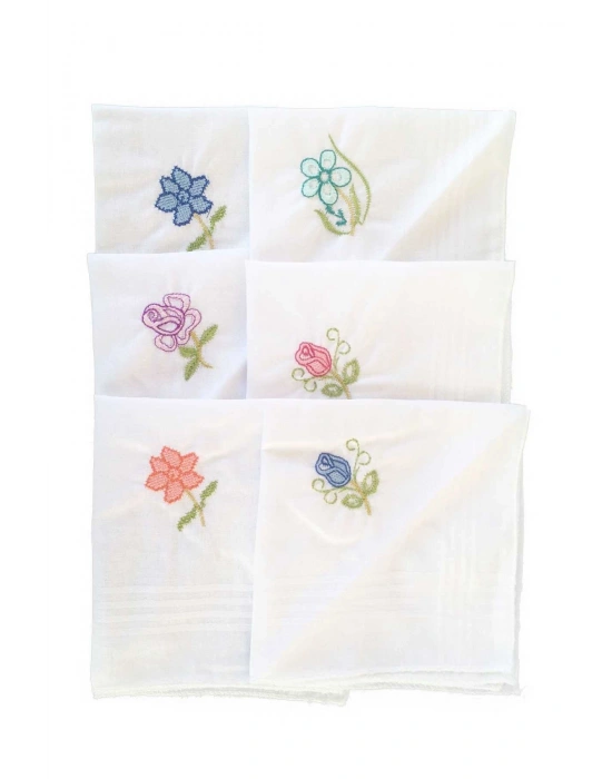 Hediyelik İşlemeli Bayan Mendili 6 lı Paket 28x28 cm 100 Pamuk