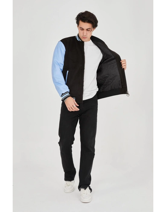 İçten Elyaf ve Astarlı Kolları Suni Deri Ceket - Mavi -