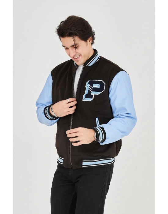 İçten Elyaf ve Astarlı Kolları Suni Deri Ceket - Mavi -