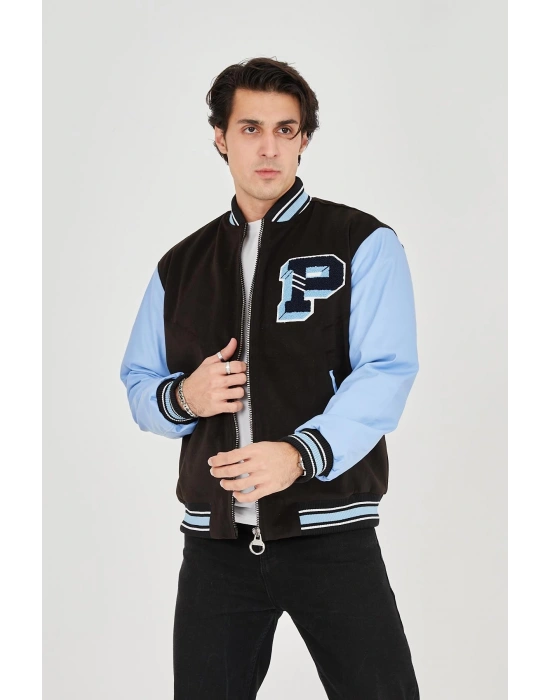 İçten Elyaf ve Astarlı Kolları Suni Deri Ceket - Mavi -