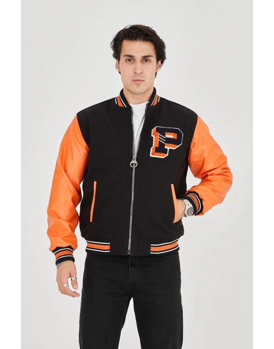 İçten Elyaf ve Astarlı Kolları Suni Deri Ceket - Turuncu -