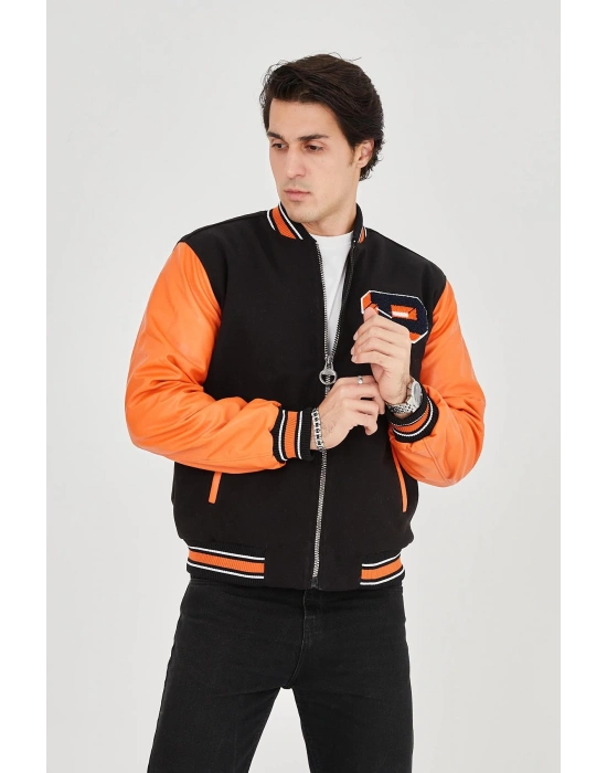 İçten Elyaf ve Astarlı Kolları Suni Deri Ceket - Turuncu -