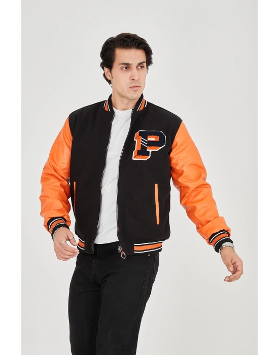 İçten Elyaf ve Astarlı Kolları Suni Deri Ceket - Turuncu -