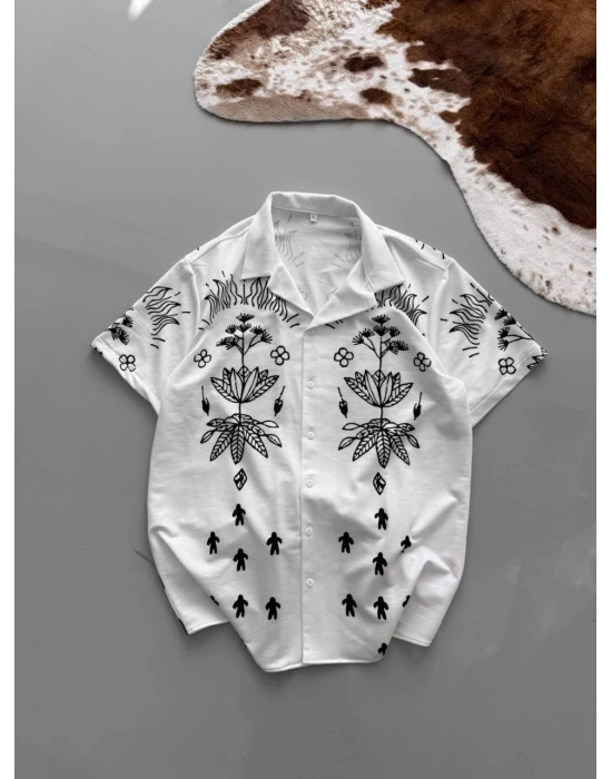 İki İplik Kumaş Baskılı Gömlek - Beyaz -