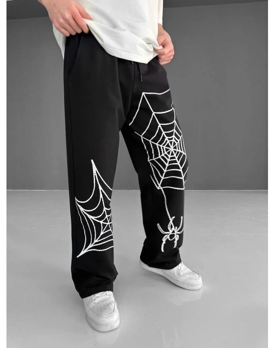 İki İplik Kumaş Örümcek Baskılı Esofman - Siyah -