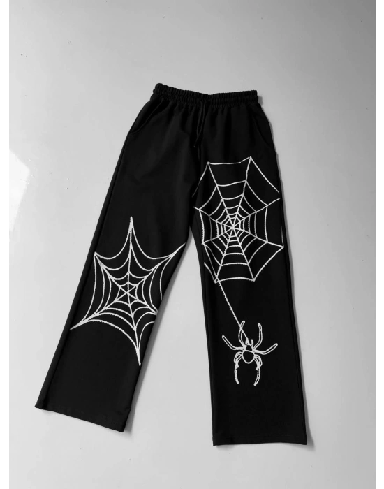 İki İplik Kumaş Örümcek Baskılı Esofman - Siyah -