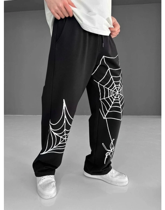 İki İplik Kumaş Örümcek Baskılı Esofman - Siyah -