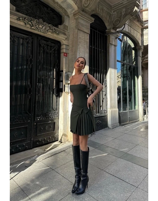 İki Parçalı Pileli Askılı   Mini Elbise - Haki -