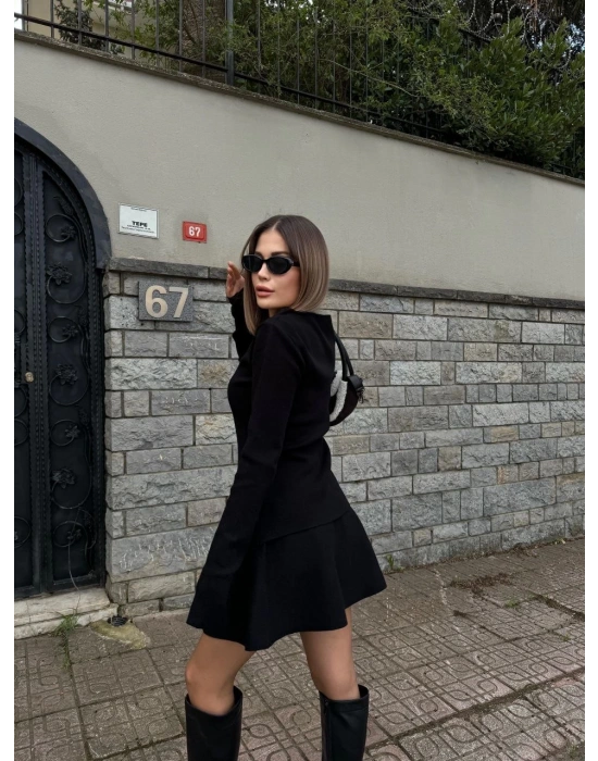 İkili Fermuarlı Hırkalı Etekli Takım - Siyah -