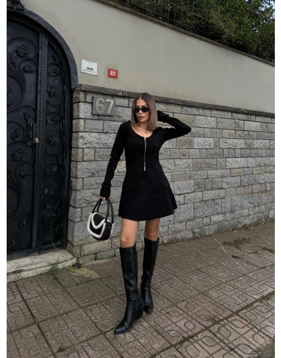 İkili Fermuarlı Hırkalı Etekli Takım - Siyah -