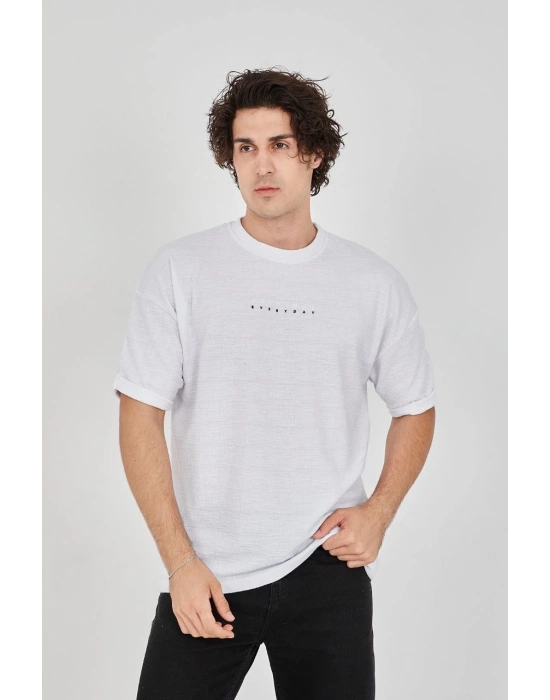 Jakar Kumaş Rahat Kol T-Shirt - Beyaz -