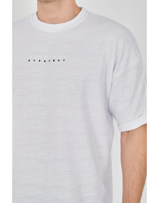 Jakar Kumaş Rahat Kol T-Shirt - Beyaz -