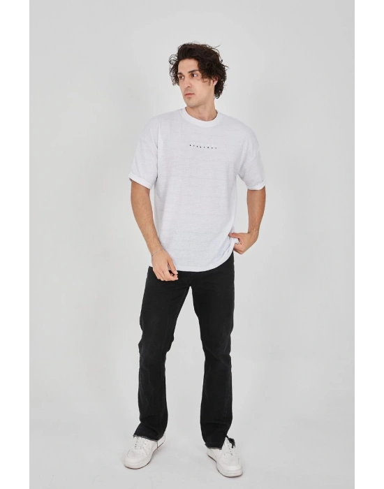 Jakar Kumaş Rahat Kol T-Shirt - Beyaz -