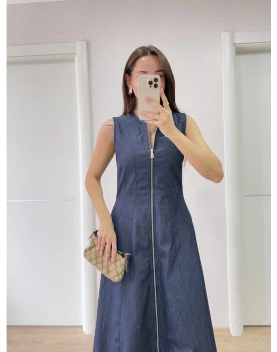 Jeans Kot Önü Tam Fermuarlı   Uzun Elbise - Mavi