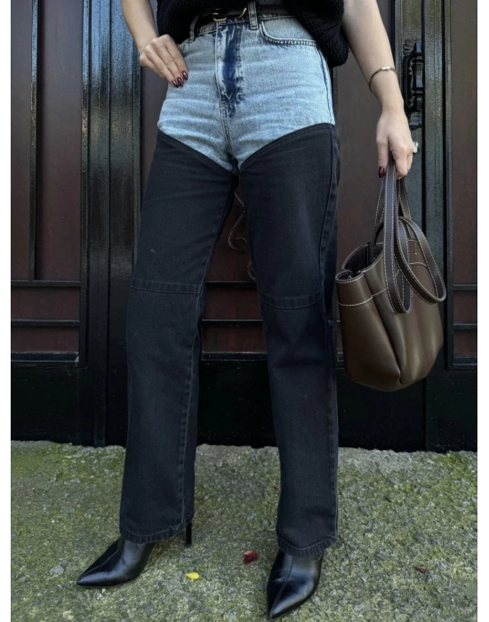 Jeans Kot Parçalı Palazzo Pantolon - Siyah -