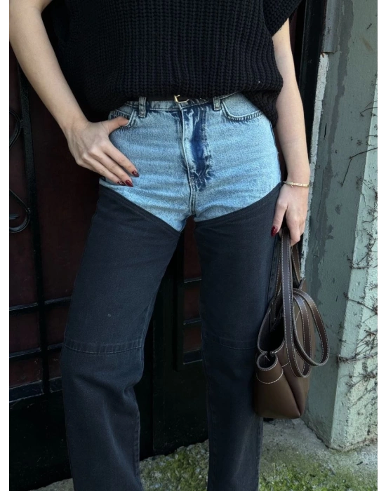 Jeans Kot Parçalı Palazzo Pantolon - Siyah -