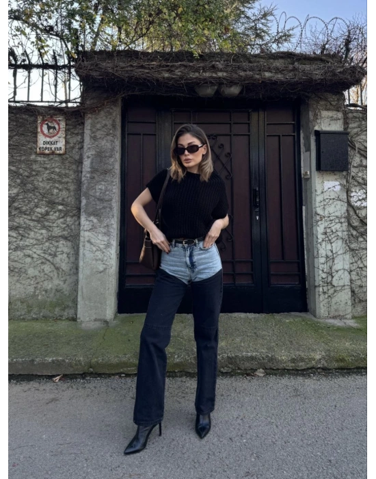 Jeans Kot Parçalı Palazzo Pantolon - Siyah -