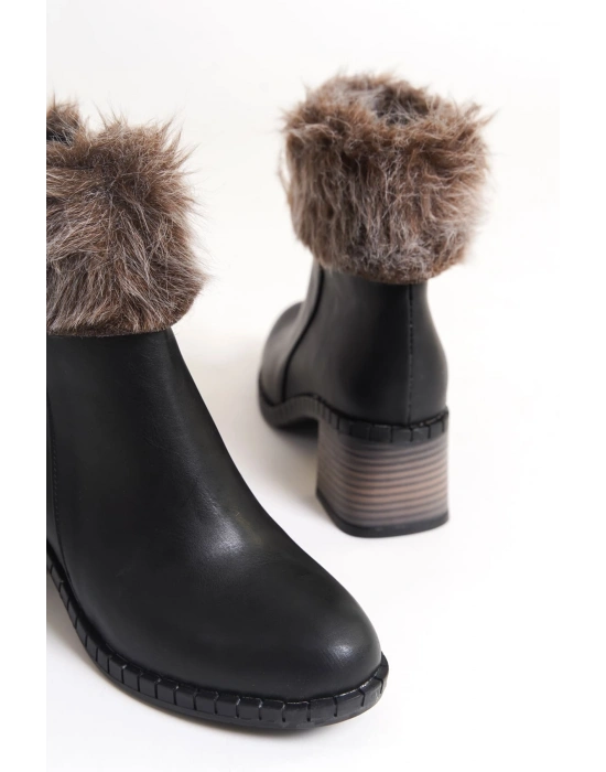 JULIA Fermuarlı Ortopedik Taban Tüylü Topuklu Kadın Bot CST - Siyah