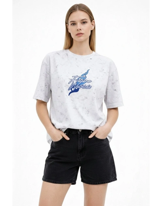 Kadın Asit Yıkamalı Oversize Tişört  - Beyaz