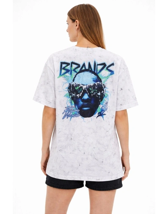 Kadın Asit Yıkamalı Oversize Tişört  - Beyaz