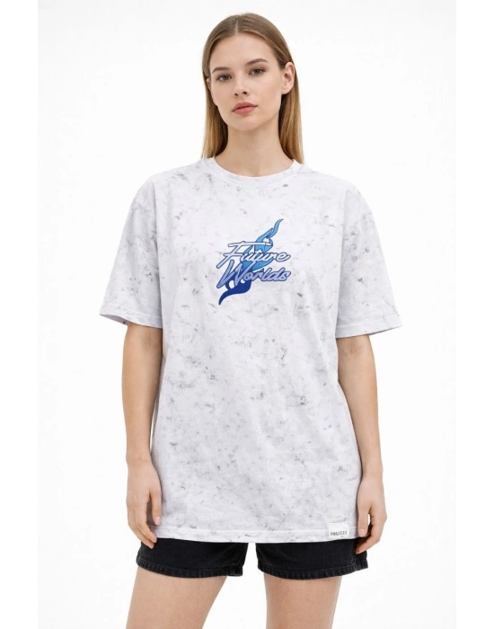 Kadın Asit Yıkamalı Oversize Tişört  - Beyaz