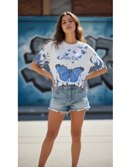 Kadın Asit Yıkamalı Oversize Tişört - Beyaz