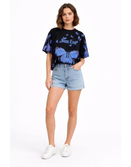 Kadın Asit Yıkamalı Oversize Tişört - Siyah