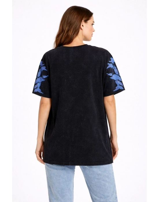 Kadın Asit Yıkamalı Oversize Tişört - Siyah