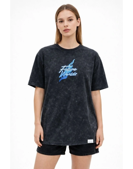 Kadın Asit Yıkamalı Oversize Tişört - Siyah