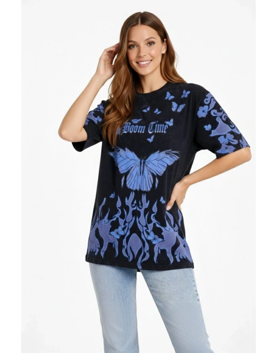 Kadın Asit Yıkamalı Oversize Tişört - Siyah