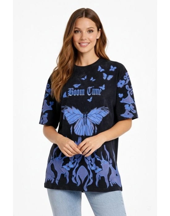 Kadın Asit Yıkamalı Oversize Tişört - Siyah