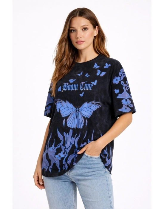 Kadın Asit Yıkamalı Oversize Tişört - Siyah