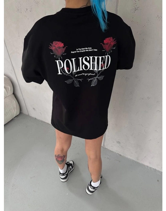 Kadın Bisiklet Yaka Baskılı kısa kol Oversize T-Shirt - Siyah