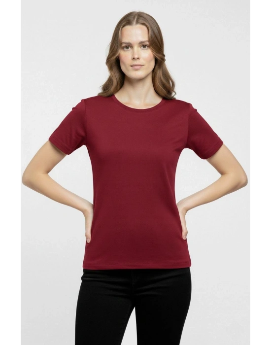 Kadın Bisiklet Yaka Slim Fit Likralı Tişört - Bordo