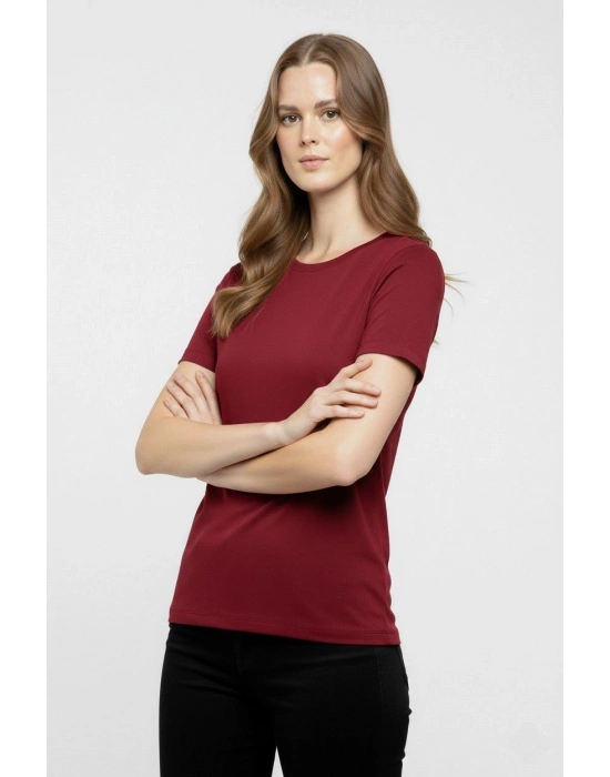 Kadın Bisiklet Yaka Slim Fit Likralı Tişört - Bordo