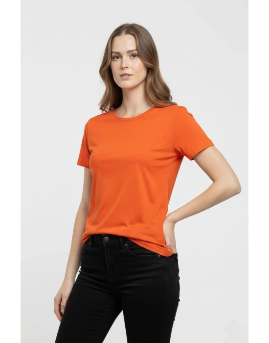 Kadın Bisiklet Yaka Slim Fit Likralı Tişört - Turuncu