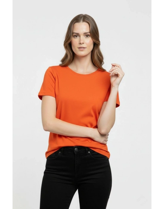 Kadın Bisiklet Yaka Slim Fit Likralı Tişört - Turuncu