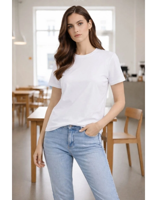 Kadın Bisiklet Yaka Tişört Regular Kalıp Basic Pamuklu Günlük Kullanım T-shirt - Beyaz