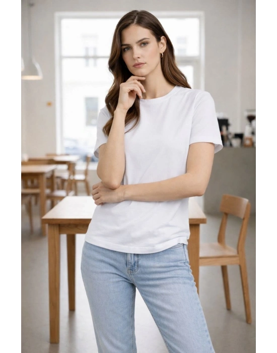 Kadın Bisiklet Yaka Tişört Regular Kalıp Basic Pamuklu Günlük Kullanım T-shirt - Beyaz