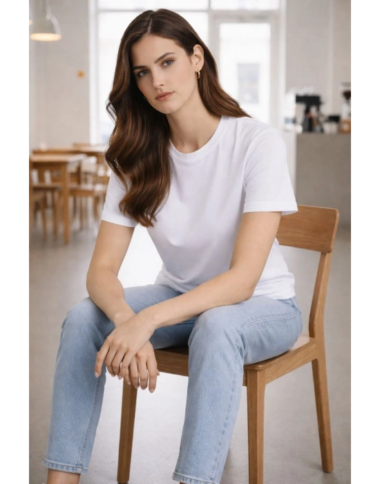 Kadın Bisiklet Yaka Tişört Regular Kalıp Basic Pamuklu Günlük Kullanım T-shirt - Beyaz