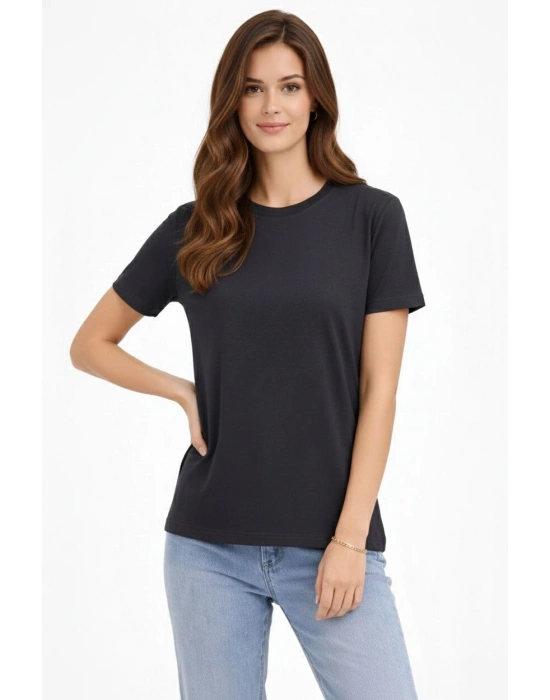 Kadın Bisiklet Yaka Tişört Regular Kalıp Basic Pamuklu Günlük Kullanım T-shirt - Füme
