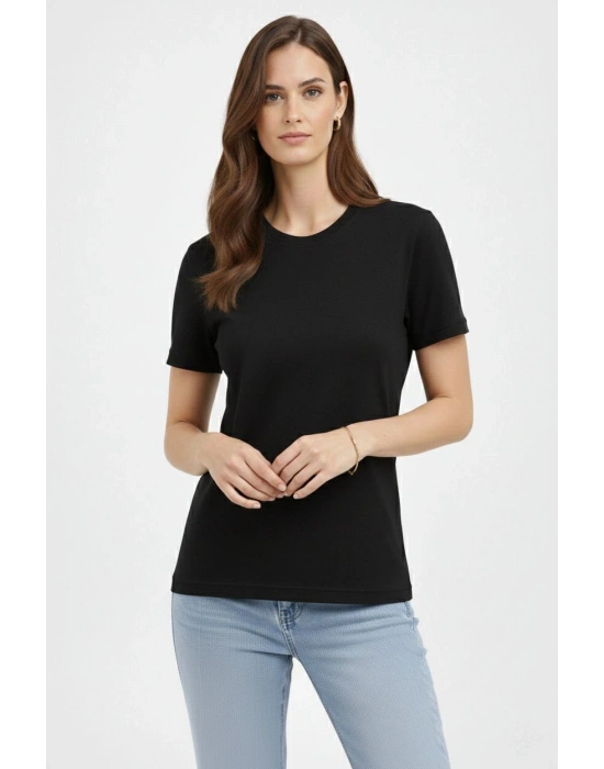 Kadın Bisiklet Yaka Tişört Regular Kalıp Basic Pamuklu Günlük Kullanım T-shirt - Siyah