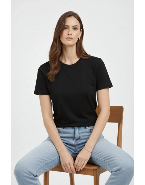 Kadın Bisiklet Yaka Tişört Regular Kalıp Basic Pamuklu Günlük Kullanım T-shirt - Siyah